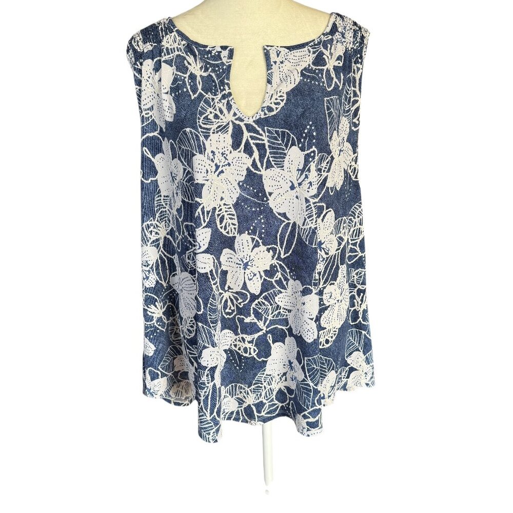 SJS blue and white floral sleeveless pullover keyhole tank top women's size 3X